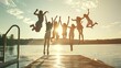 © Generative AI - Group of teenage kids jumping off the dock into the lake together during a fun summer vacation : Generative AI