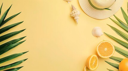 Aufkleber - Summer composition Fruits hat tropical palm leaves seashells on pastel yellow background Summer concept Flat lay top view copy space : Generative AI