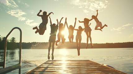group of teenage kids jumping off the dock into the lake together during a fun summer vacation : gen