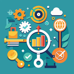 Poster - A magnifying glass placed in the center, surrounded by multiple icons representing different concepts, A sleek design incorporating a key element related to financial planning and management
