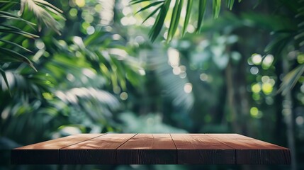 Wall Mural - Wood tabletop counter podium floor in outdoors tropical garden forest blurred green blue leaf plant nature backgroundNatural product placement pedestal stand displaysummer jungle parad : Generative AI