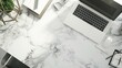 © Generative AI - White marble office desk table with laptop computer and supplies Top view with copy space flat lay : Generative AI