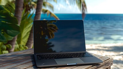 Aufkleber - Open laptop with black screen  on wooden table work space outdoors with amazing view on the ocean Laptop on sea view backdrop : Generative AI