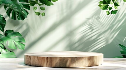 Poster - Wood product display podium with nature green leaves for presentation design : Generative AI