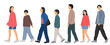  Set of young men,  women and teenagers, different colors, cartoon character, group of silhouettes of walking business people, profile,students, design concept of flat icon, isolated on white 