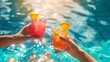 © Generative AI - Young hot couple resting at swimpool Picture of mans and womans hands holding cocktails Cool drink with ice inside glass Enjoy summer vacation at swimming pool Resort spa place : Generative AI