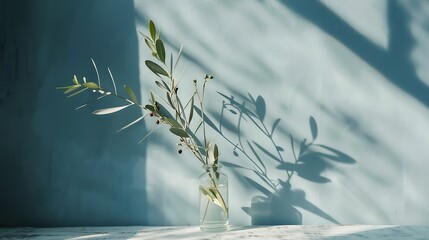 Poster - Combination of glass vase and olive branches Sunlight table background White card leaning against blue wall Invitation mockup long shadow : Generative AI