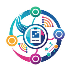 Poster - A vibrant circle with smaller circles encircling it in an abstract digital design, Abstract digital technology logo design icon vector template