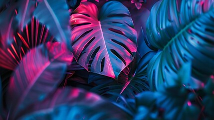 Poster - Creative fluorescent color layout made of tropical leaves Flat lay neon colors Nature concept : Generative AI