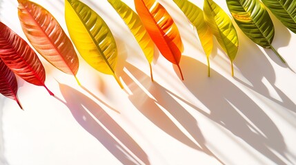 Fototapete - Creative layout of colorful riskus leaves on a white background in the rays of the sun with shadows Minimal summer exotic concept with copy space : Generative AI