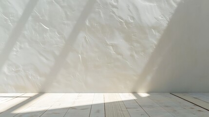 Aufkleber - Aesthetic geometric sunlight shadows on a white textured wall and beige wooden floor empty template for home room interior product background for branding design showcase copy space : Generative AI