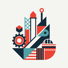 Poster - Abstract geometric shapes resembling a factory machine and gear in a stylized illustration, Abstract geometric shapes resembling factory machinery, minimalist logo