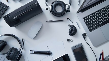 Poster - Layout on the topic of working process or education on a white background with notepad pen laptop computer mouse tablet hole punch headphones pencil : Generative AI