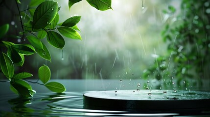 Aufkleber - Empty round podium pedestal green leaves against the background of water with drops and ripples : Generative AI