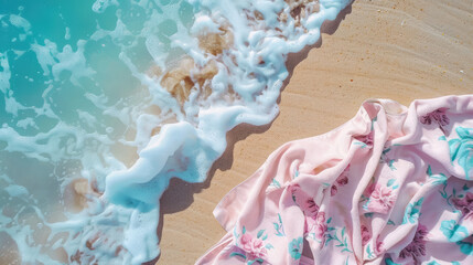 pastel floral towel on sandy beach with incoming ocean wave