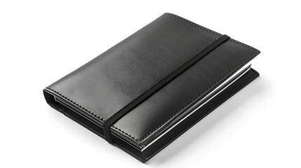 Poster - Black leather notebook mockup with elastic isolated on white background Top view Clipping path : Generative AI