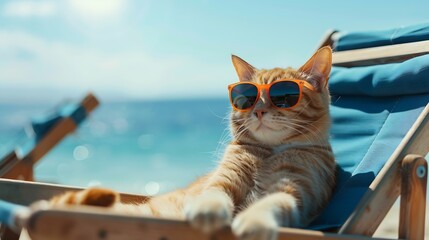 Cat wearing sunglasses relaxing sitting on deckchair in the sea background : Generative AI