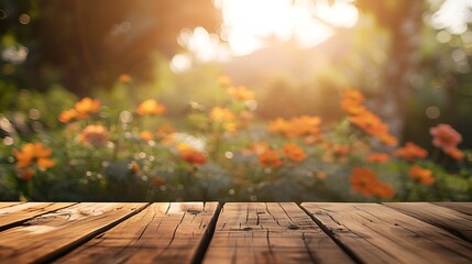 Poster - Wood table top with blur of orange garden in the morningFor montage product display or design key visual layout : Generative AI