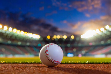 Wall Mural - Baseball on the field in the stadium with lights and bokeh