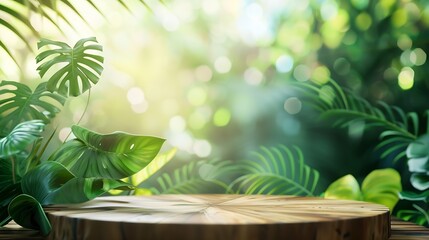 Aufkleber - Wood podium table top outdoors blur green monstera tropical forest plant nature backgroundBeauty cosmetic healthy natural product placement pedestal displayspring or summer jungle para : Generative AI
