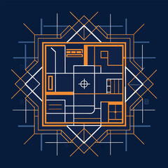 Poster - Blue background with a vibrant orange and white artistic design, Artistic interpretation of a blueprint or floor plan, minimalist logo