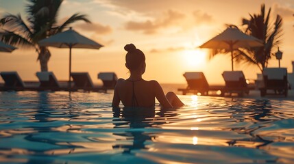 Wall Mural - Woman relaxing by the pool in a luxurious beachfront hotel resort at sunset enjoying perfect beach holiday vacation : Generative AI