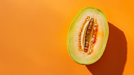 Poster - Melon half on orange background Creative layout made of fresh melon Flat lay top view copy space : Generative AI
