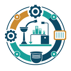 Poster - Circular logo with interconnected gears and a machine in motion, Circular design featuring an assembly line process, minimalist logo