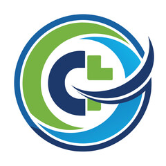 Poster - Circular blue and green design featuring a prominent cross symbol, Circular Letter C Medical Logo Health Icon Vector Logo Design