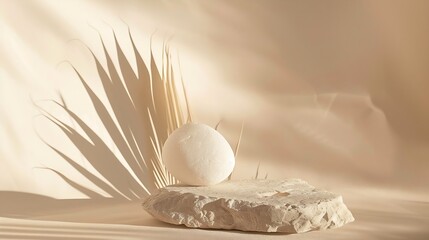 Poster - Tropical dry leaf product presentation with Cracked stone  Natural beige background Studio Minimal showcase for cosmetic or skin care design template : Generative AI