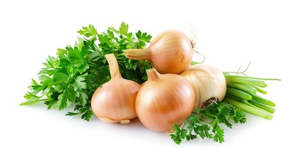 Aufkleber - Onion bulbs and parsley composition and creative layout isolated on white background Healthy eating and dieting food concept Garden vegetable Design element Top view flat lay : Generative AI
