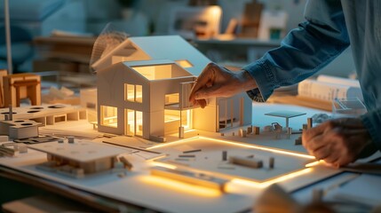 Aufkleber - Buying a house Layout of the premises of the house Finishing work in the cottage Selection of furniture for the cottage A person considers the layout of a house under construction : Generative AI