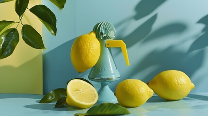 Aufkleber - Blue painted lemons with yellow juice squeezer and fresh leaves against pastel blue background Creative lemonade or natural smoothie concept Minimal juice bar or healthy vegetarian die : Generative AI