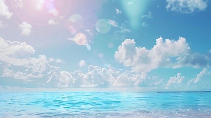 Wall Mural - A summer vacation holiday background of a tropical beach and blue sea and white clouds with sun flare : Generative AI