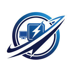 Poster - Blue and white logo featuring a rocket and a battery symbol, Craft a clean and elegant logo for a modern electronics retailer