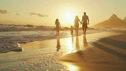 Wall Mural - happy family walking on the beach at sunset : Generative AI