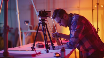 Poster - A draughtsman surveying building and taking measurements with a laser measuring tool : Generative AI