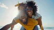 © Generative AI - African american happy couple having fun piggyback riding and playing airplane on the beach  Black man and afro hair woman in playful moment on the shore at summer time  Concept of hap : Generative AI