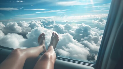 Wall Mural - Summer road trip car vacation concept Woman legs out the windows in car above the clouds Conceptual freedom travel and holidays image with copy space : Generative AI