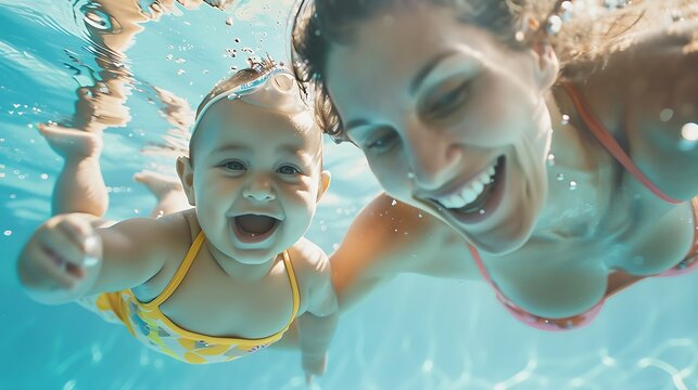 Happy family  mother with baby girl dive underwater with fun in sea pool Healthy lifestyle active parent people water sport outdoor adventure swimming lessons on beach summer holidays  : Generative AI