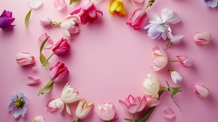Wall Mural - Creative layout made of colorful spring flowers in the paper circle Pastel pink  background Spring summer or garden concept Copy space Flat lay : Generative AI