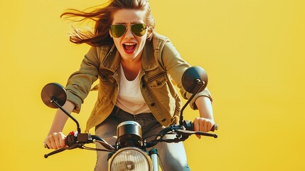 Full size photo of nice young girl driving cycle fast hurry scream energetic wear trendy khaki clothes isolated on yellow color background : Generative AI