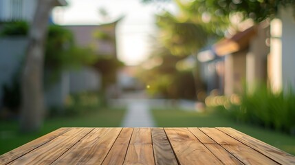 Poster - Empty wood table top on blur abstract green from garden and house in morning backgroundFor montage product display or design key visual layout : Generative AI