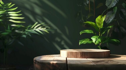 Poster - Wood product display podium with nature green leaves for presentation design : Generative AI