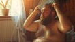 © Generative AI - Funny sweaty chubby bearded man in swimsuit sitting at home suffering from crazy summer heat wiping sweat off forehead holding electric fan wishing for heatwave to stop and fresh breez : Generative AI