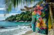 tropical beach scene with colorful floral beach towel hanging on a palm tree