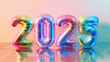 colorful holographic balloon numbers for 2025 celebration in a pastel background