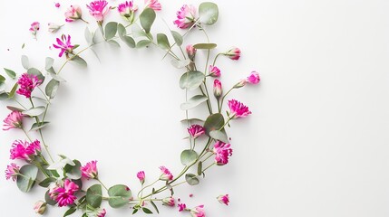 Poster - Flowers composition Wreath made of various pink flowers and eucalyptus branches on white background Flat lay top view copy space square : Generative AI