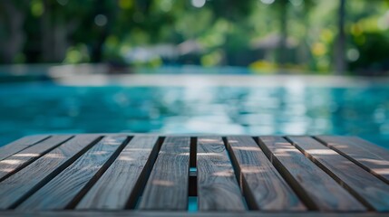 Poster - Table Top And Blur Swimming pool of the Background : Generative AI