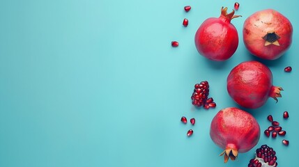 Wall Mural - Fresh pomegranate creative layout on bright background Healthy eating and dieting food concept Winter fruits and berries composition Top view flat lay design elements : Generative AI